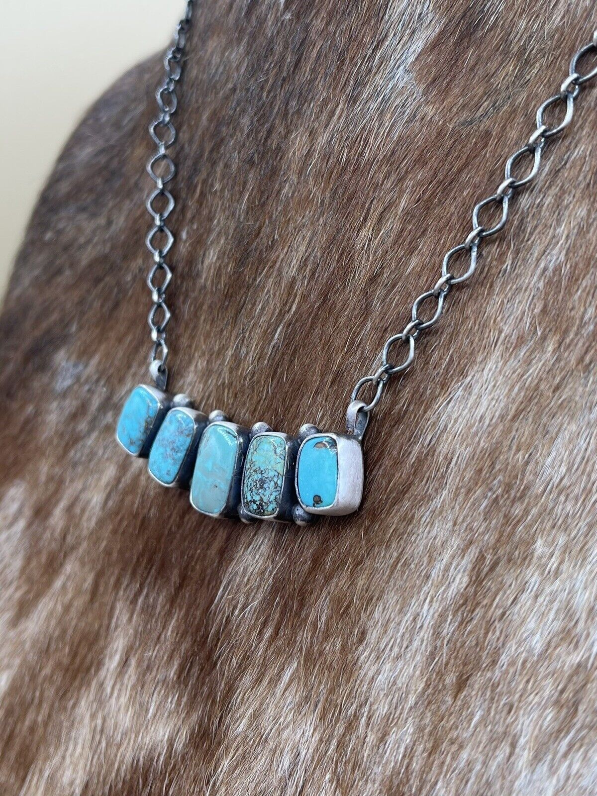 Native American Navajo Handmade Sterling Silver Kingman Turquoise Bar Necklace