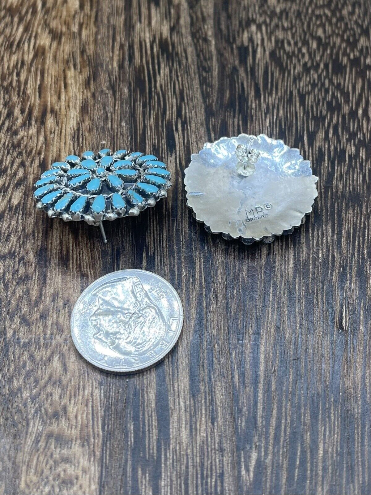 Native American Navajo Handmade Sterling Silver Turquoise Cluster Post earrings