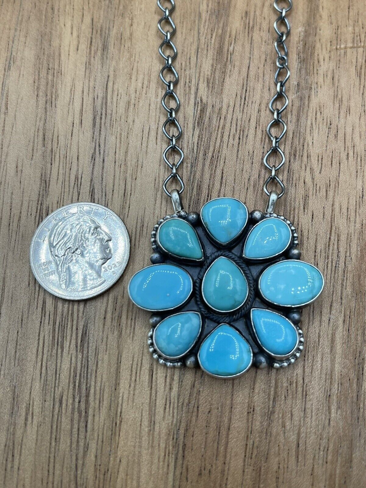 Native American Navajo Handmade Silver Turquoise Cluster Necklace 18 Inch