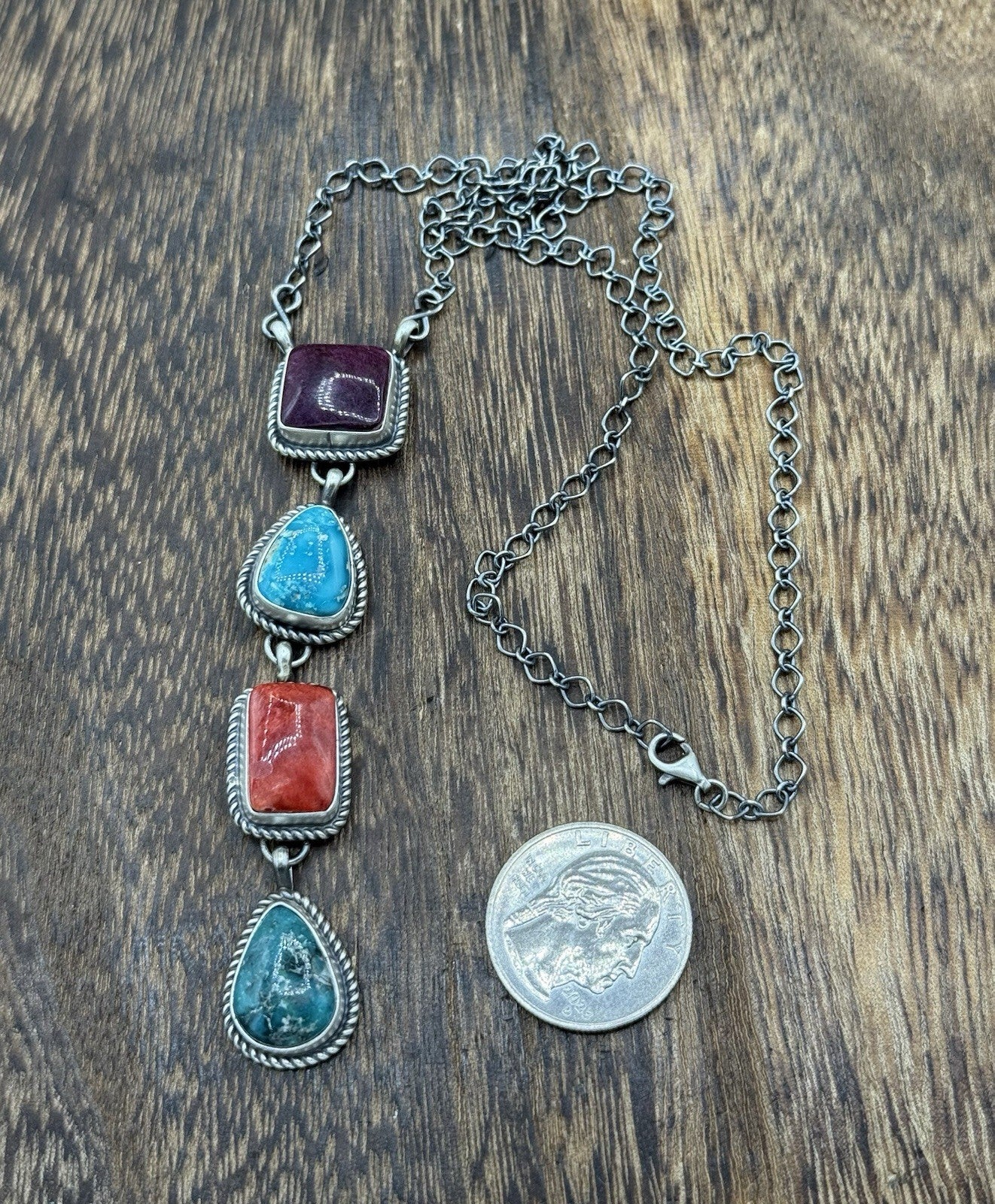 Navajo Handmade Sterling Silver Multi Color Mixed Stone Lariat Necklace 18”