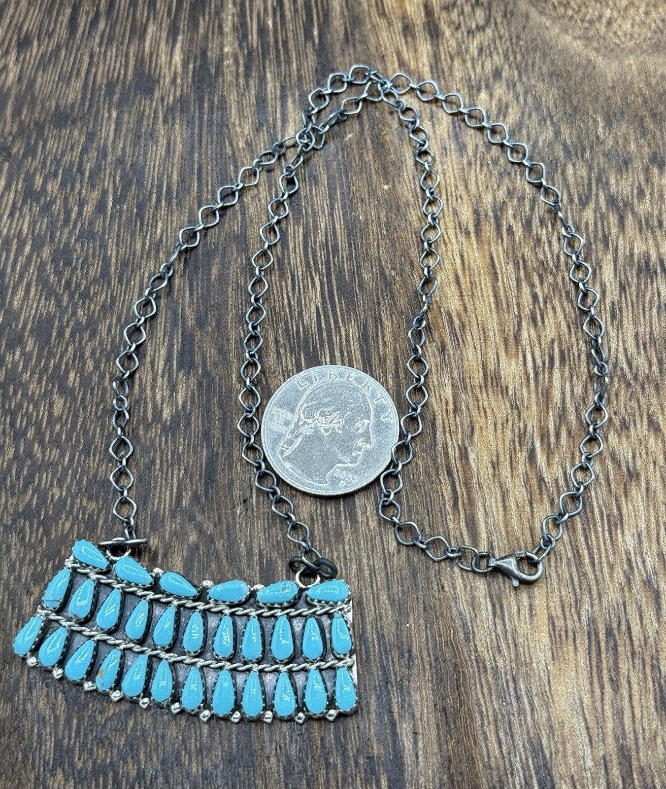 Native Navajo Handmade Sterling Silver Turquoise Cluster Bar Necklace 18”