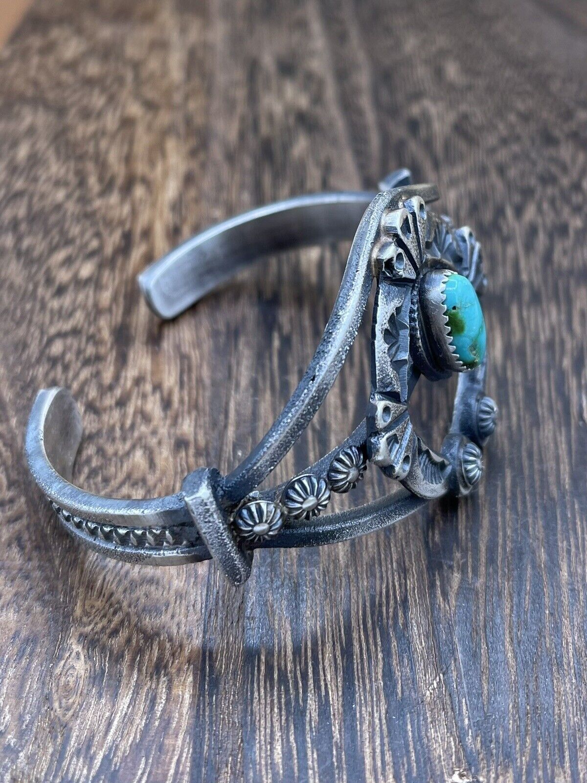 Native American Silver Navajo Handmade Sonoran Turquoise Old look Naja Bracelet