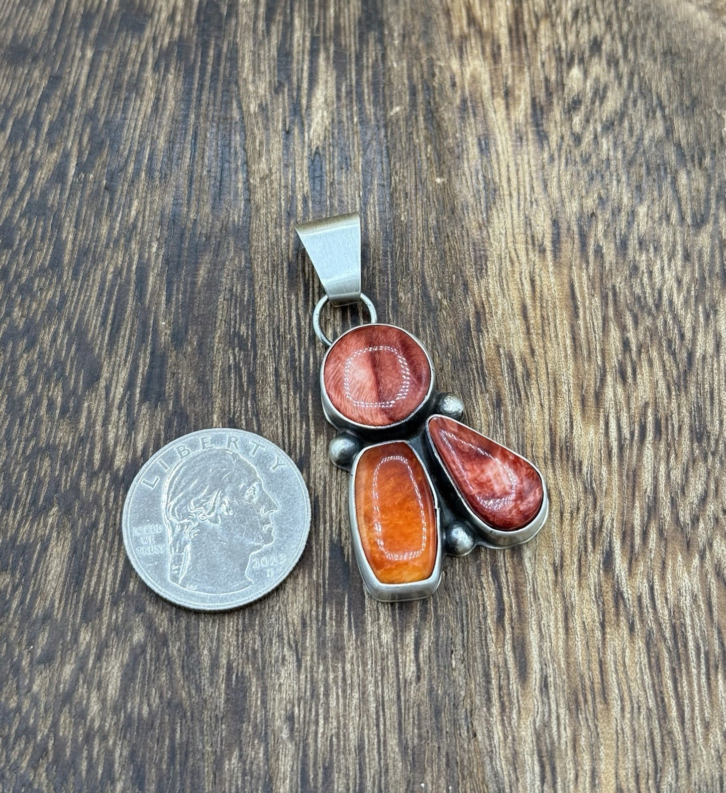 Navajo Handmade Sterling Silver Red Orng Spiny Oyster Shell Cluster Drop Pendant