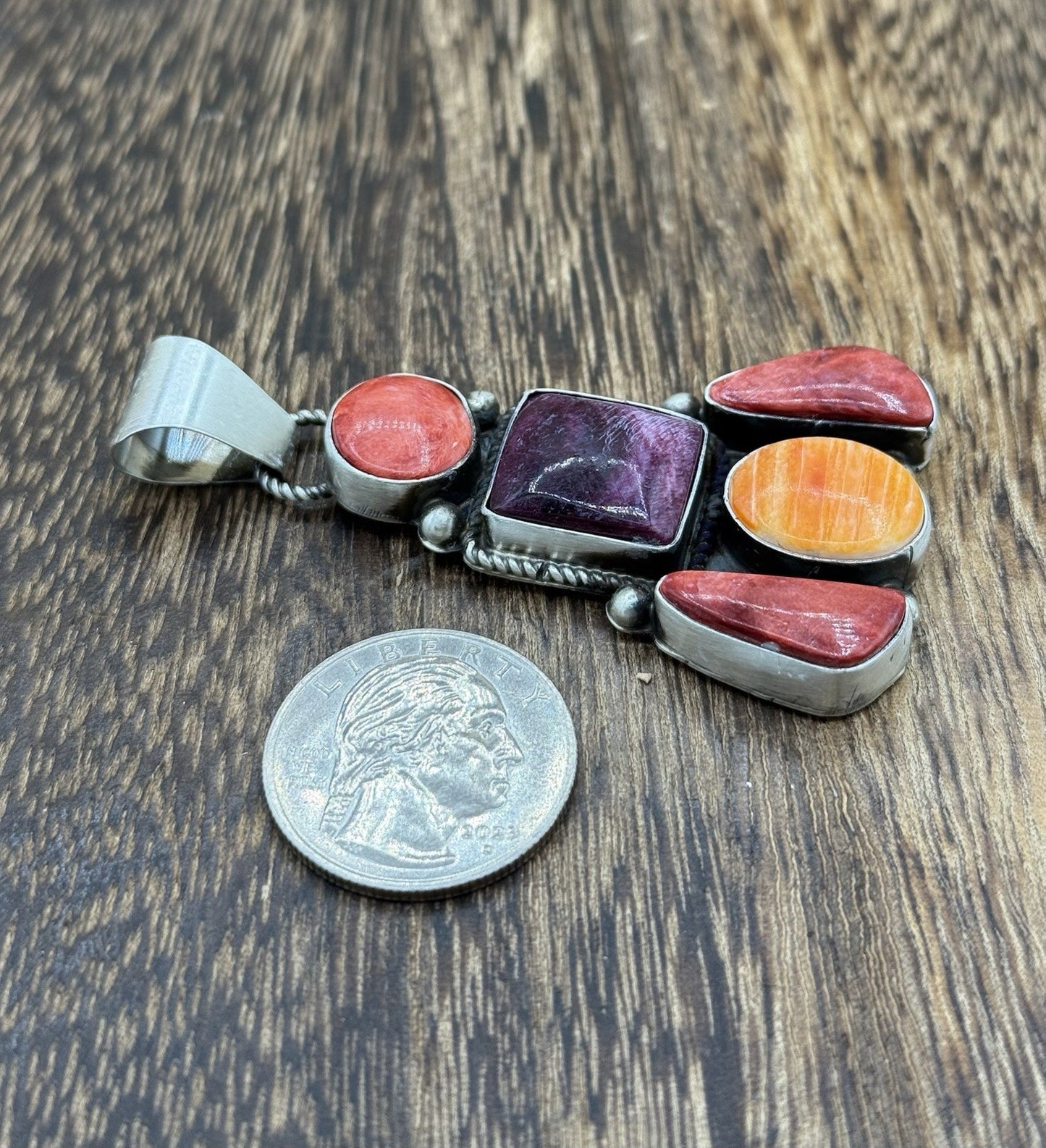 Native Navajo Handmade Sterling Silver Multi Spiny Oyster Shell Cluster Pendant