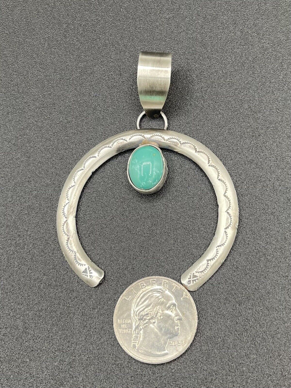 Native American Sterling Silver Navajo Handmade Stamped Turquoise Naja Pendant