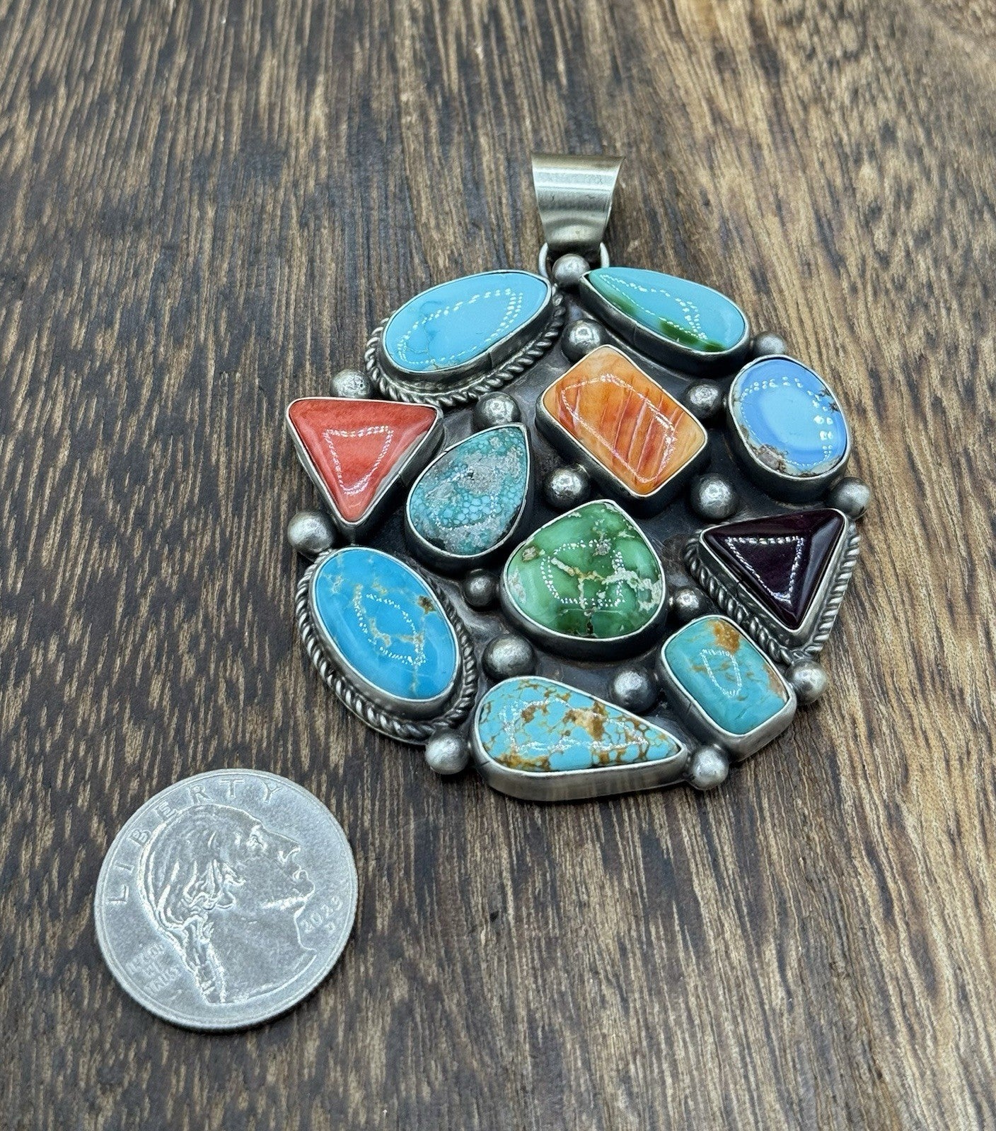 Navajo Handmade Sterling Silver Mixed Turquoise Spiny Large Cluster Pendant