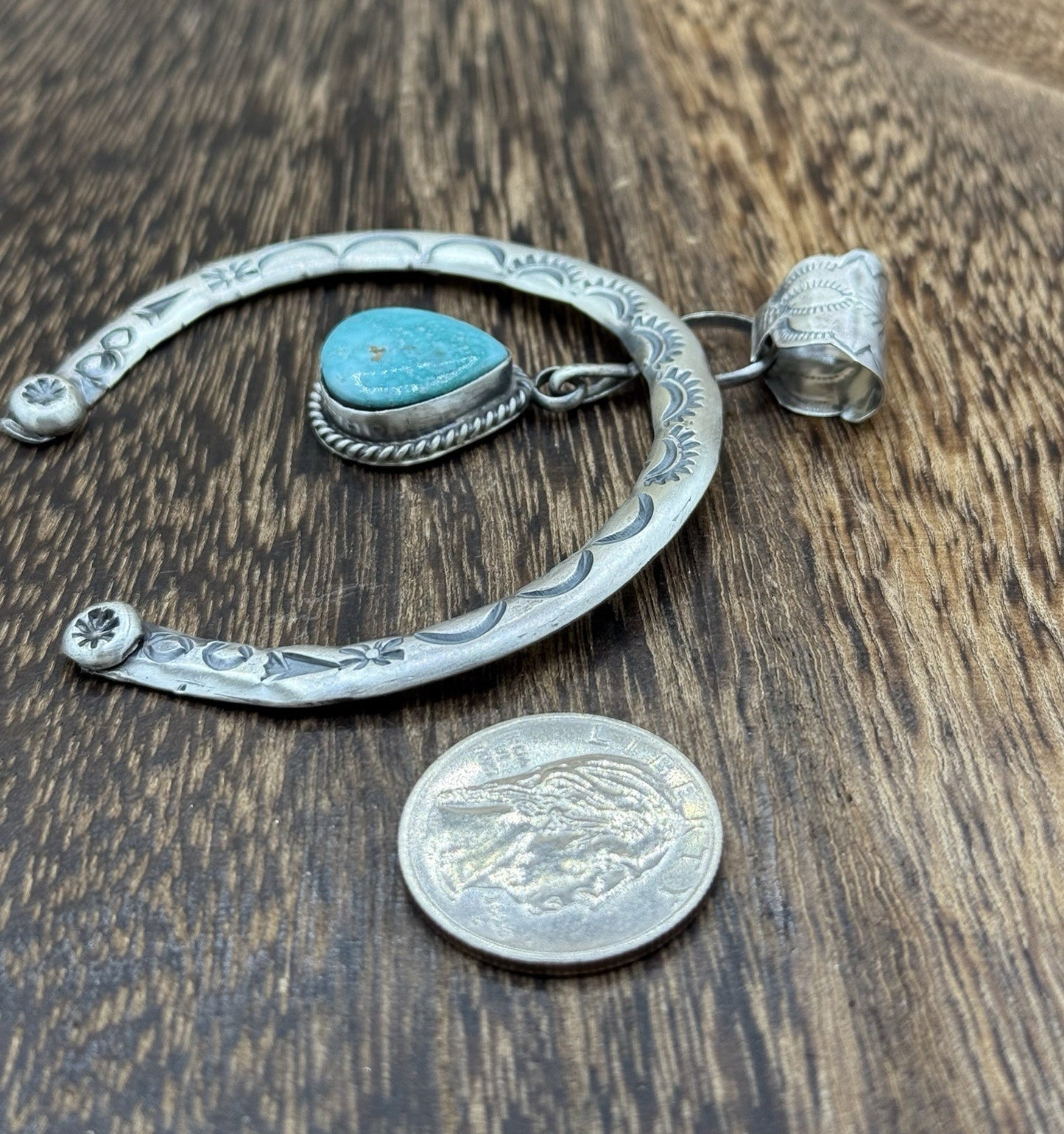 Navajo Handmade Sterling Silver Stamped Blue Bird Turquoise Naja Pendant