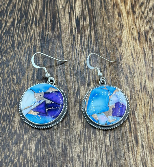 Navajo Handmade Sterling Silver Violet Rose & Blue Dahlia Dangle Drop Earrings
