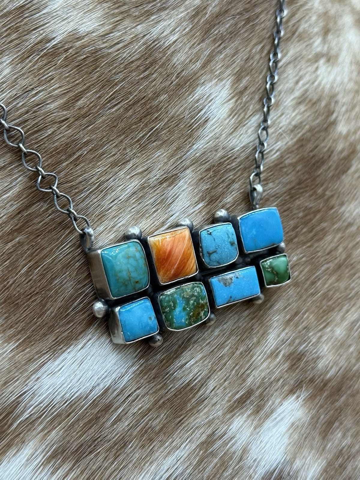 Navajo Handmade Sterling Silver Mixed Stone Turquoise Cluster Bar Necklace 18”