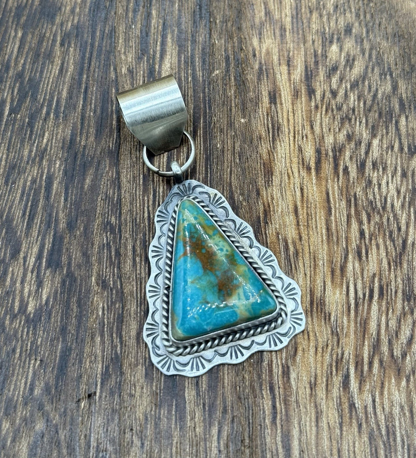 Navajo Handmade Sterling Silver Royston Turquoise Stamped Design Drop Pendant