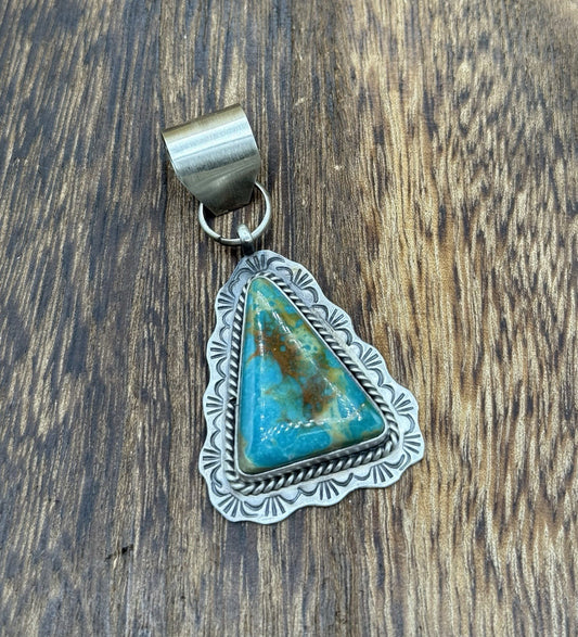 Navajo Handmade Sterling Silver Royston Turquoise Stamped Design Drop Pendant