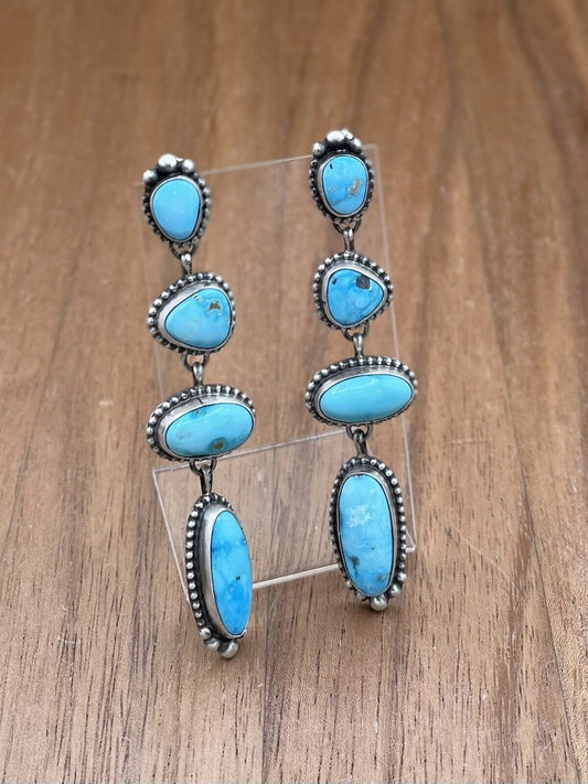 Native American Navajo Handmade Silver Kingman Turquoise Post Dangle Earrings