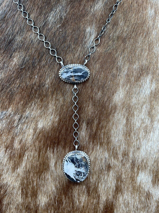 Native American Navajo Handmade Silver White Buffalo Y Lariat Bar Necklace 16”