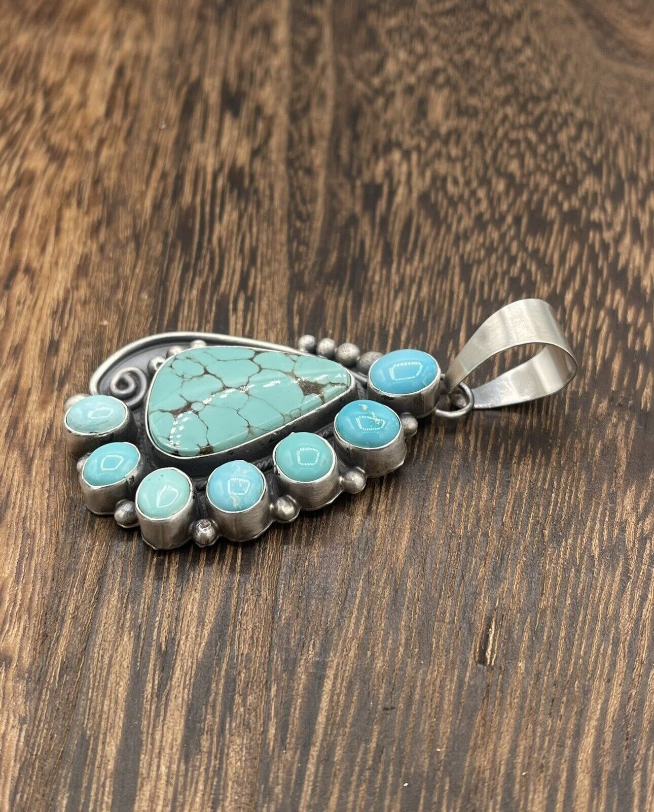 Native American Navajo  Silver Handmade Turquoise Cluster Pendant - Betta Lee