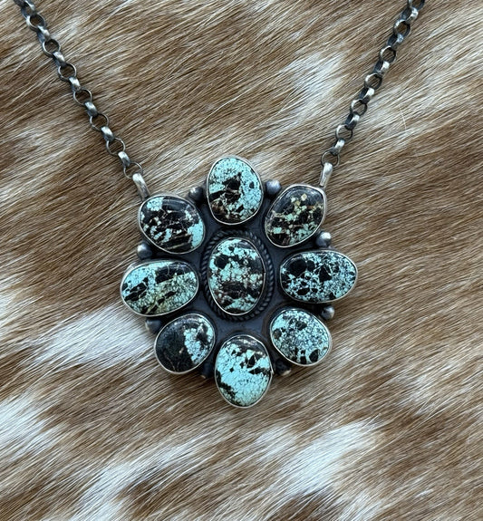 Navajo Handmade Sterling Silver Blackjack Turquoise Cluster Bar Necklace 18”