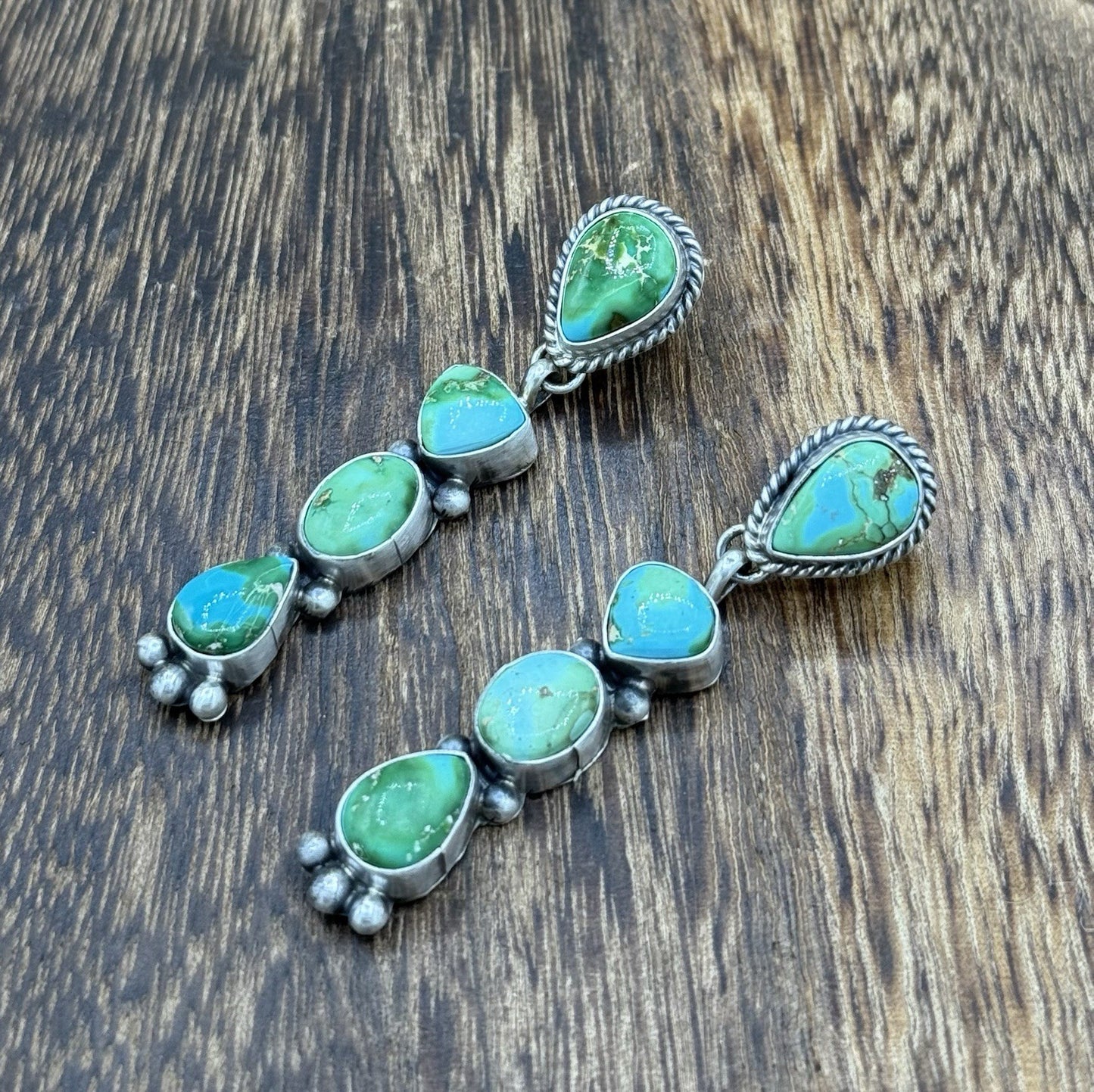 Navajo Handmade Sterling Silver Sonoran Gold Turquoise Post Cluster Earrings