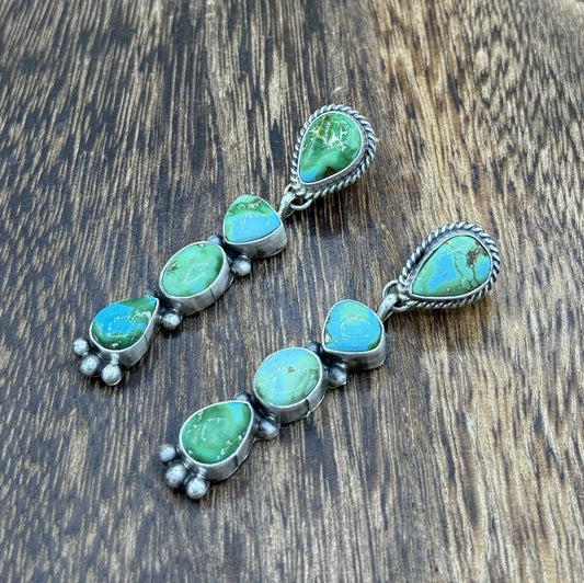 Navajo Handmade Sterling Silver Sonoran Gold Turquoise Post Cluster Earrings
