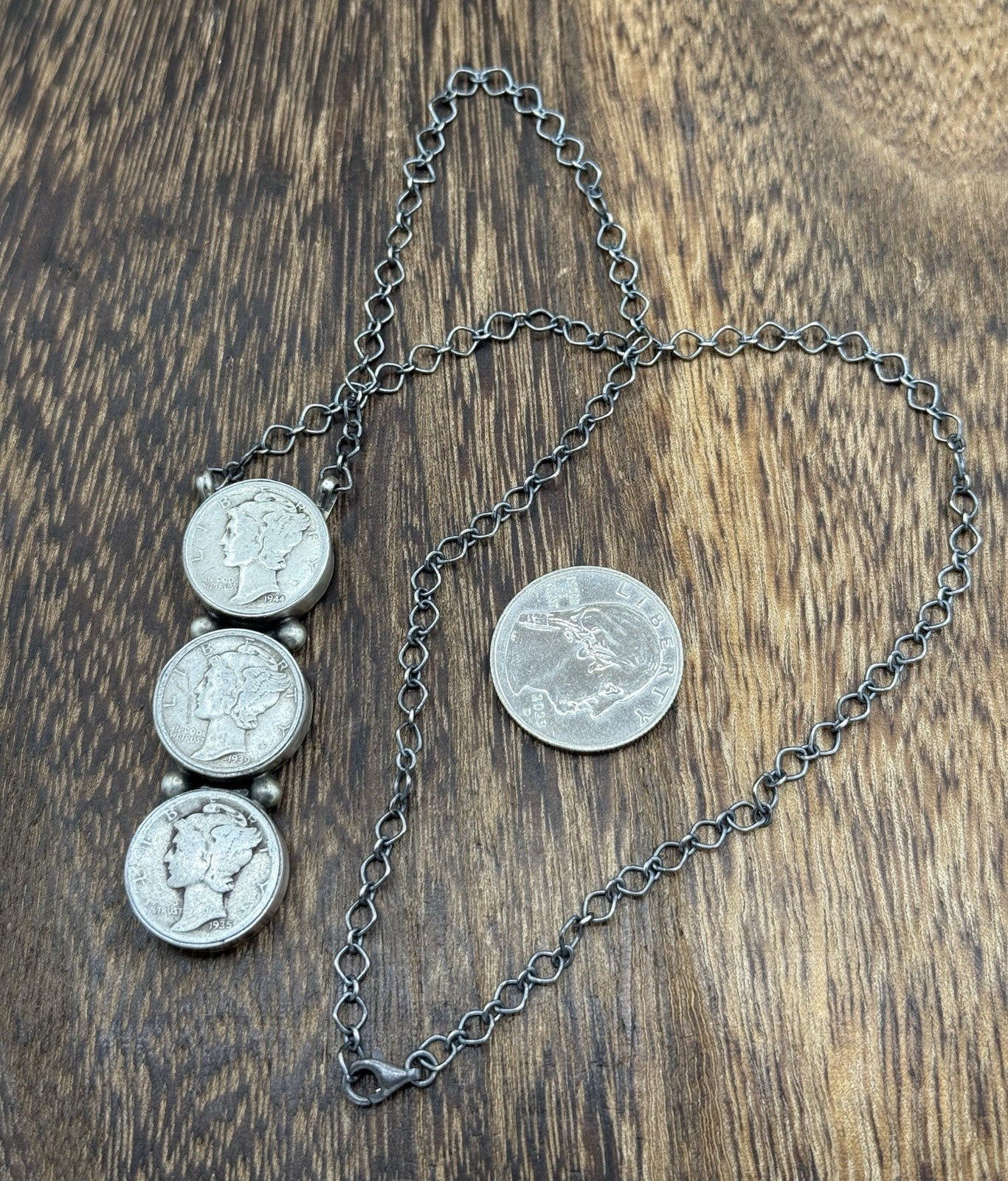 Navajo Handmade Sterling Silver Liberty Dime Cluster Bar Lariat Necklace 18”