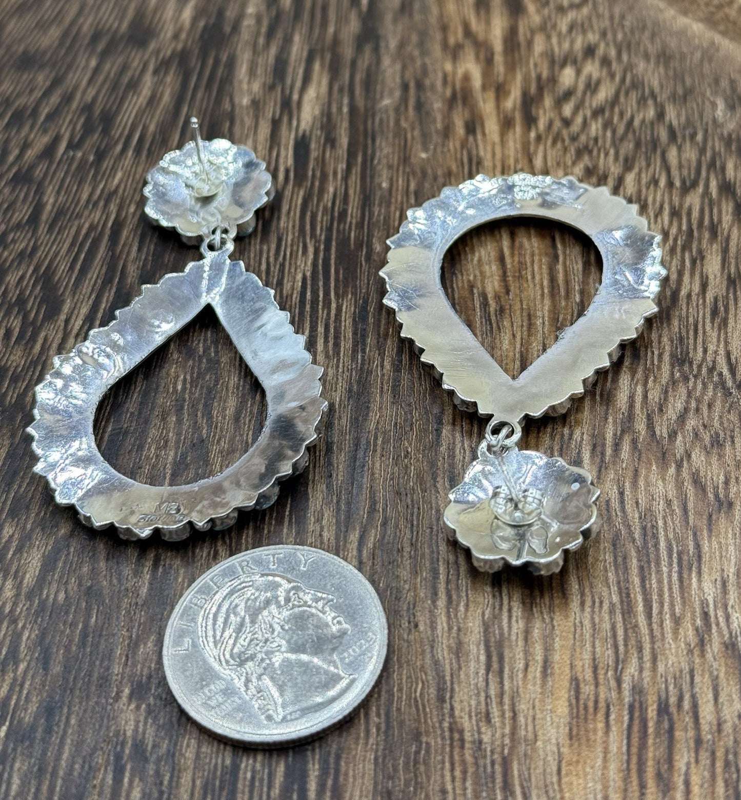 Navajo Handmade Sterling Silver Turquoise Cluster Post Drop earrings Large