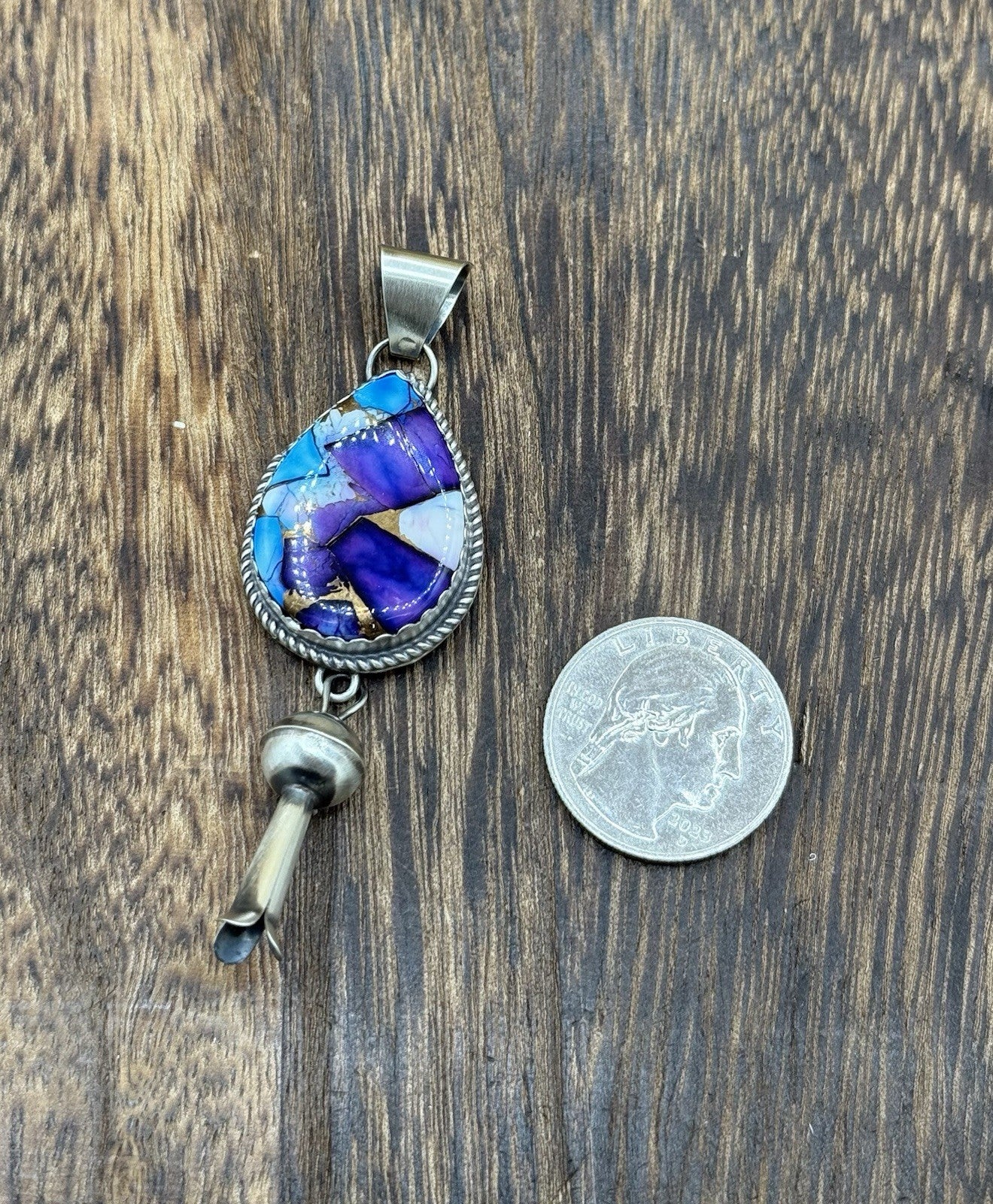 Navajo Handmade Sterling Silver Violet Rose & Blue Dahlia Dangle Blossom Pendant