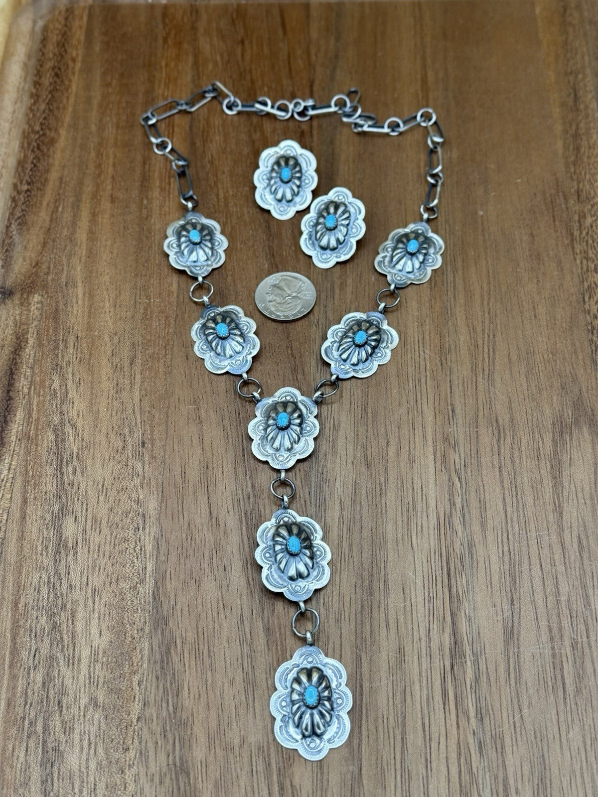 Navajo Handmade Sterling Silver Stamped Concho Turquoise Lariat Necklace Set 20”