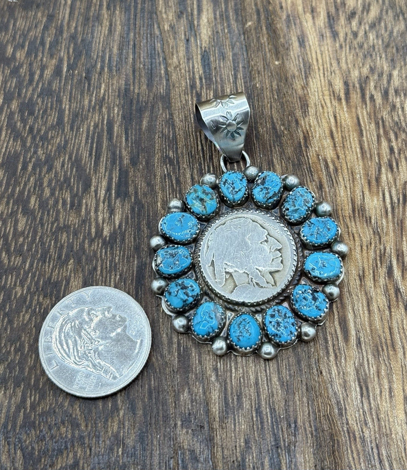 Navajo Handmade Sterling Silver Kingman Turquoise Cluster Buffalo Coin Pendant