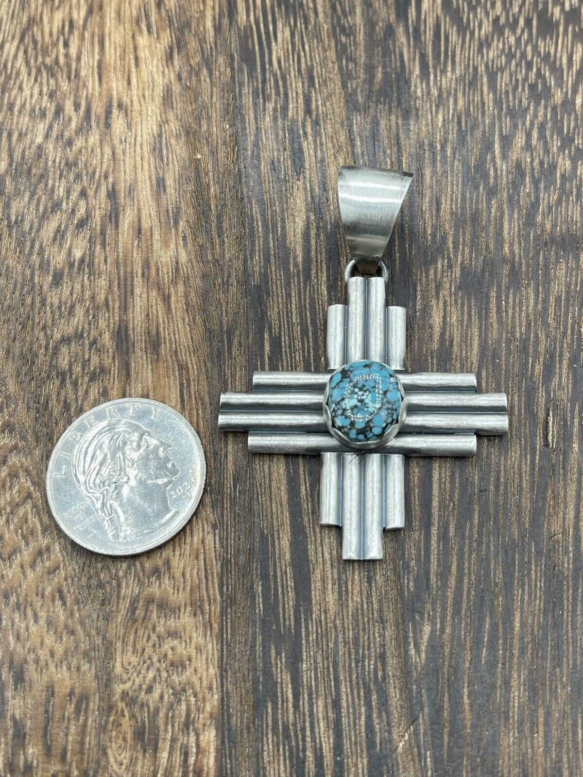 Native American Sterling Silver Navajo Handmade Kingman Turquoise Zia Pendant