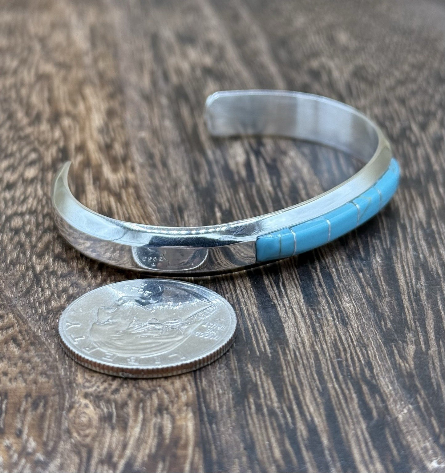 Navajo Handmade Sterling Silver Kingman Turquoise Inlay Bracelet Martha Living.