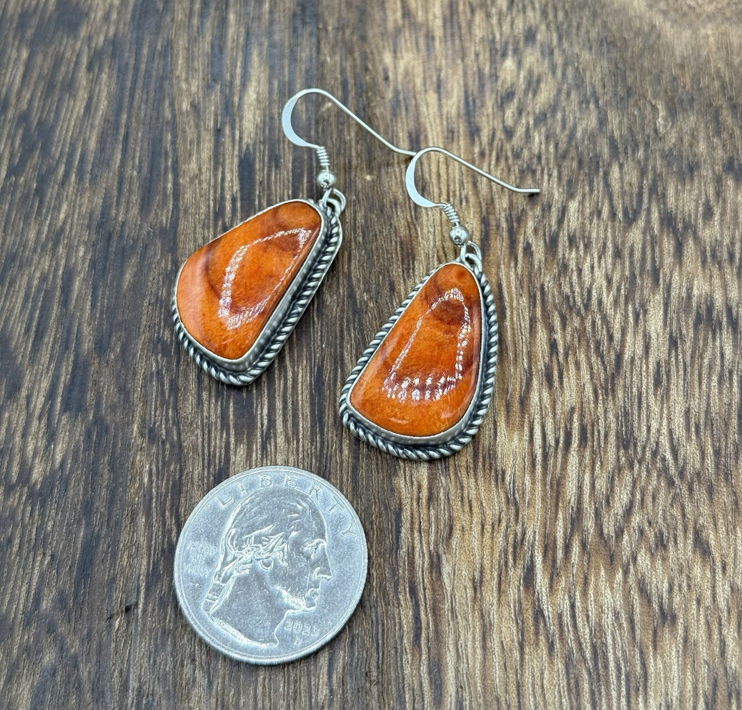 Native Navajo Handmade Sterling Silver Orange Spiny Oyster Shell Dangle Earrings