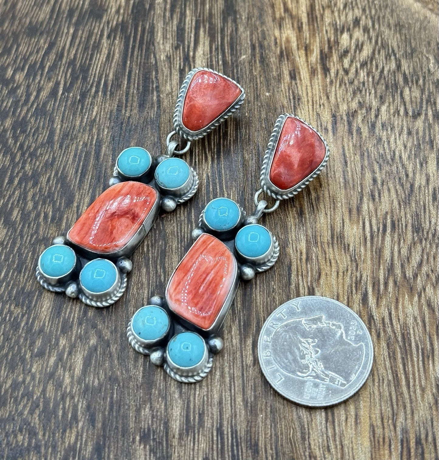 Navajo Handmade Sterling Silver Turquoise & Spiny Oyster Post Dangle Earrings