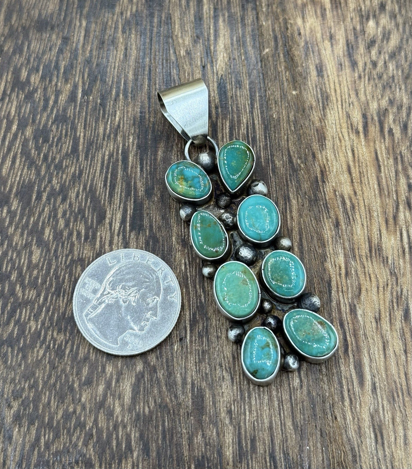 Native Navajo Handmade Sterling Silver Kingman Turquoise Cluster Drop Pendant