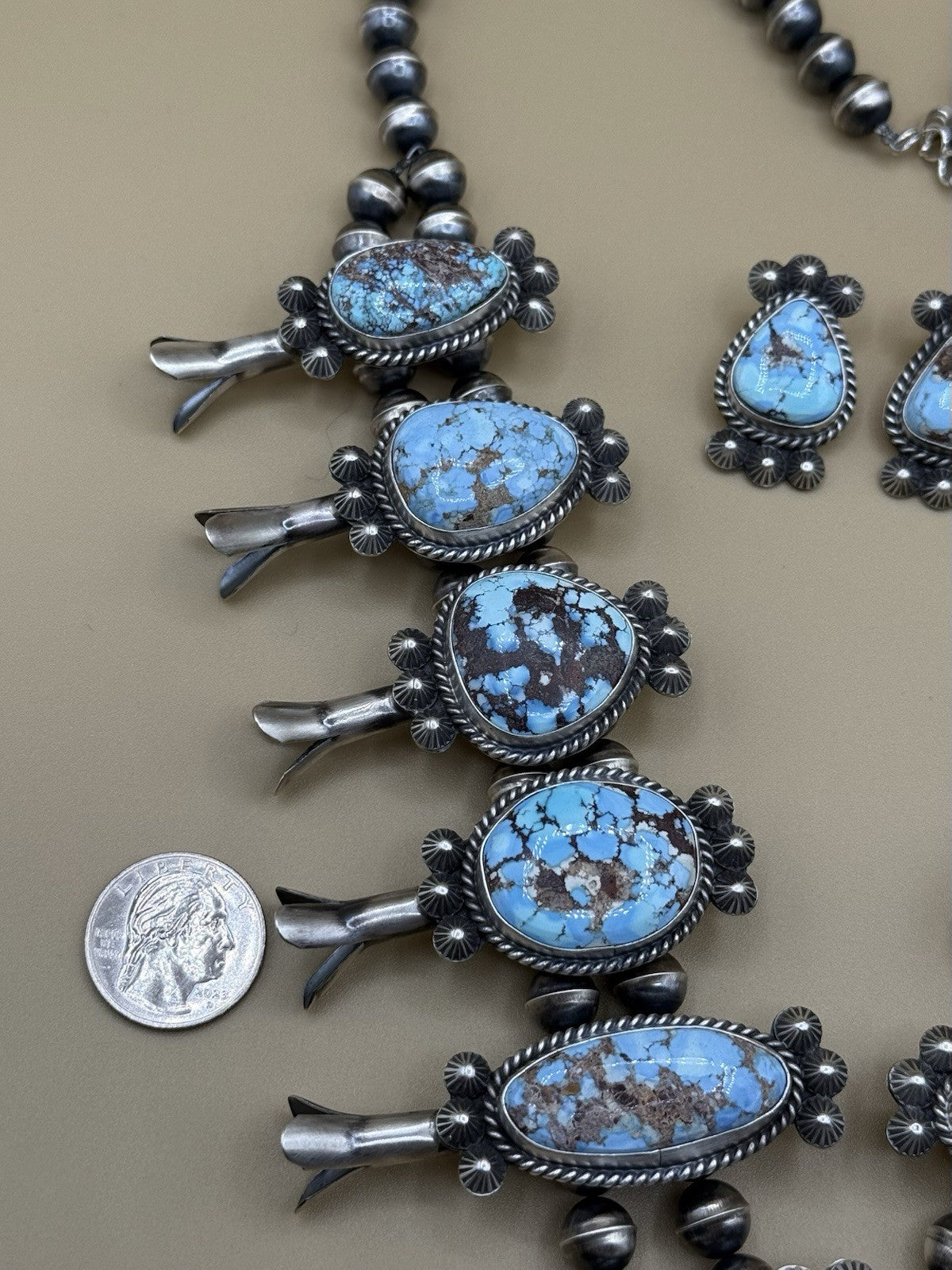 Navajo Handmade Sterling Silver Blue Ridge Turquoise Squash Blossom Necklace