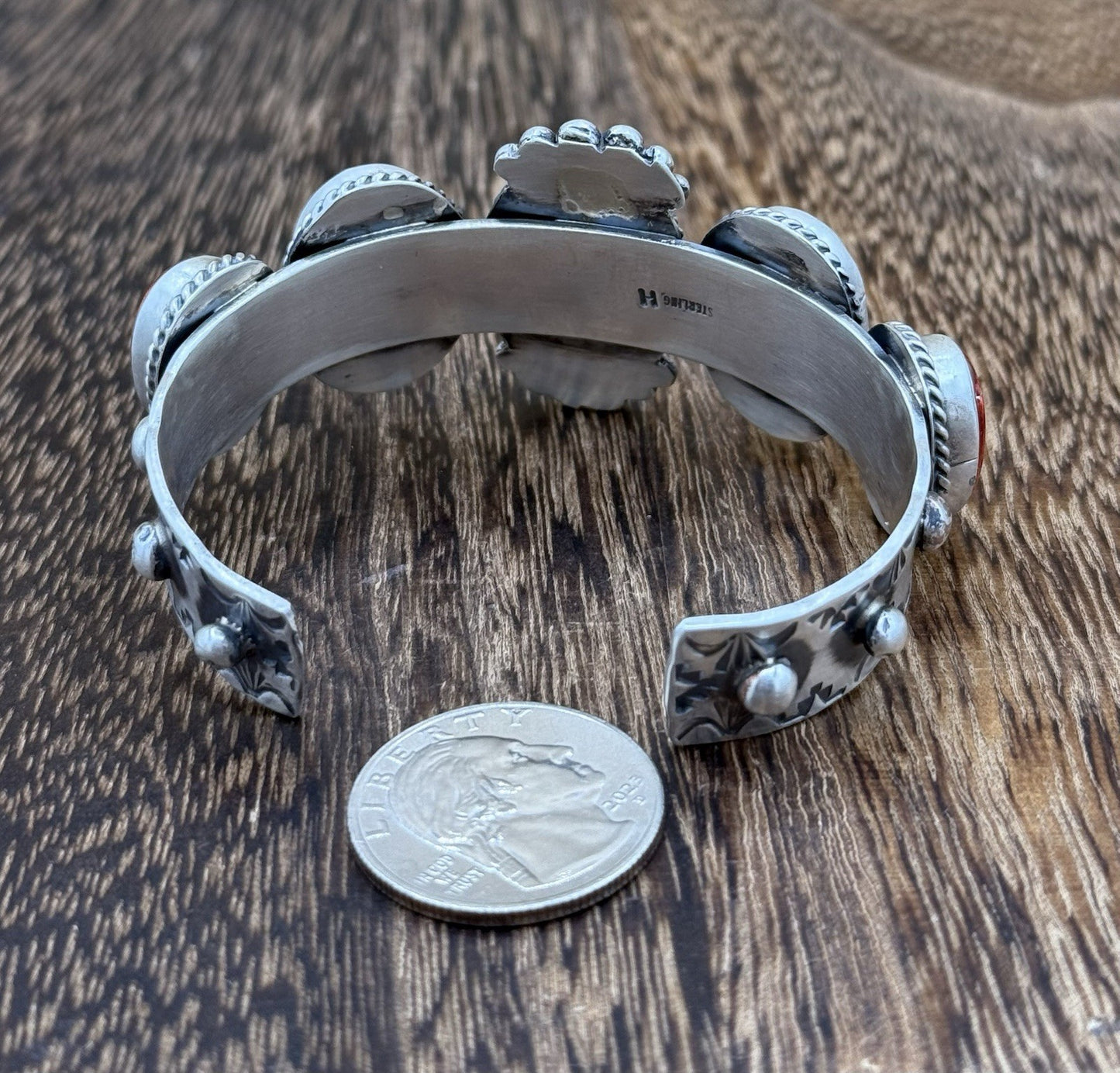 Native Navajo Handmade Sterling Silver Red Spiny Oyster Shell Cuff Bracelet