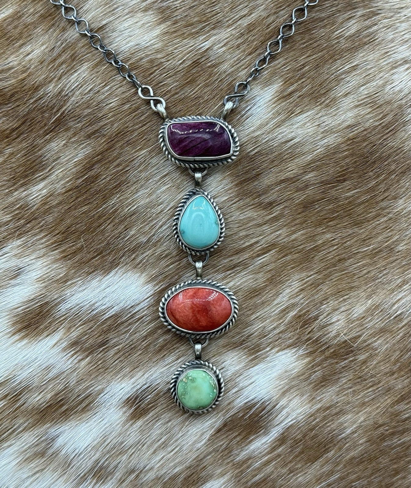 Navajo Handmade Sterling Silver Multi Color Mixed Stone Lariat Necklace 18”