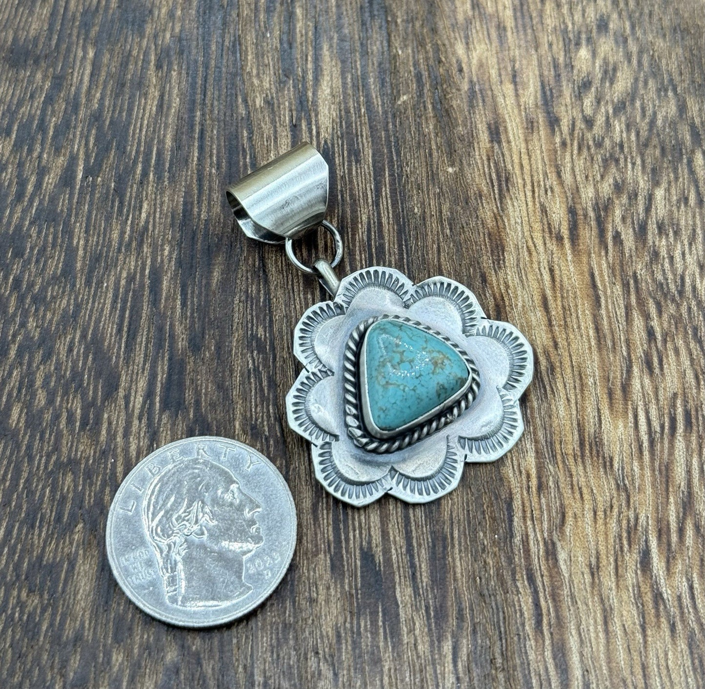 Navajo Handmade Sterling Silver Blue Bird Turquoise Stamped Design Drop Pendant