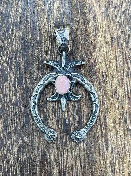 Native American Indian  Navajo Handmade Silver Old Look Pink Concho Naja Pendant