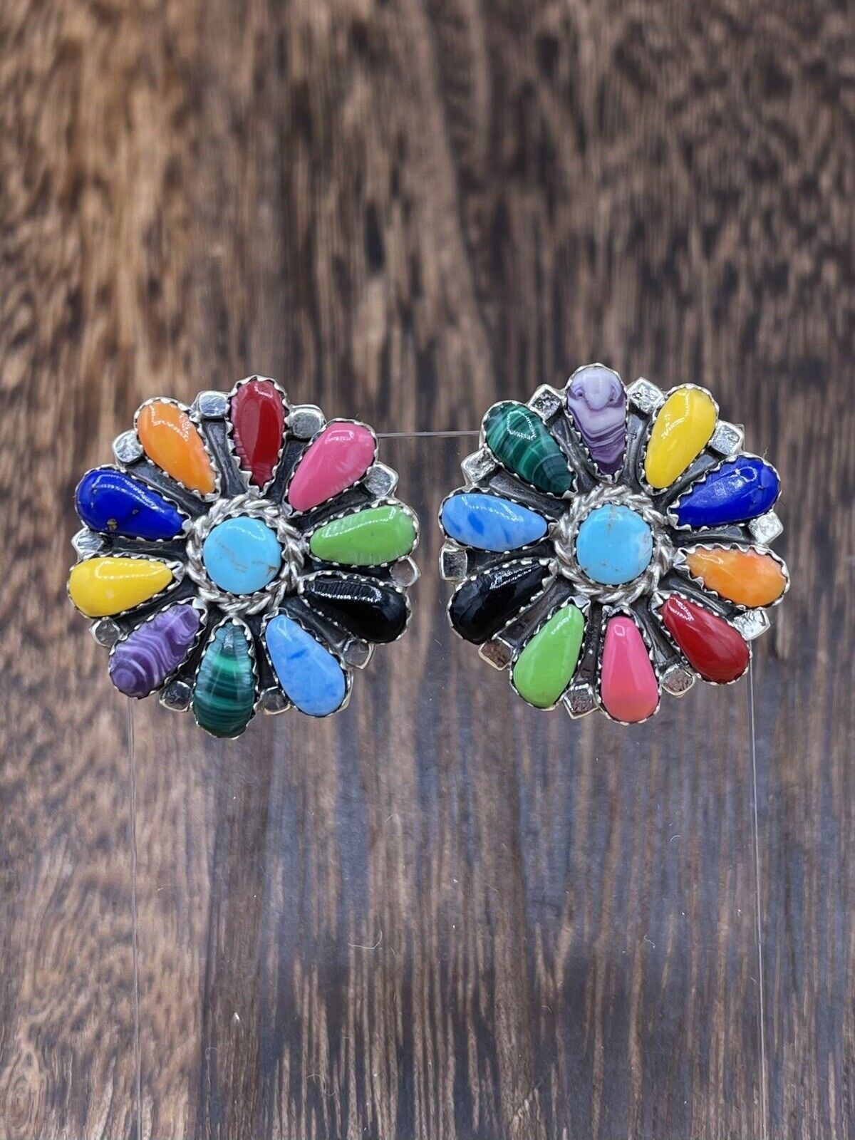 Native American Navajo Handmade Sterling Silver Multicolor Cluster Stud Earrings