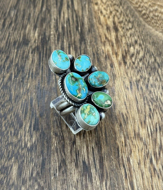 Navajo Handmade Sterling Silver Sonoran Gold Turquoise Half Cluster Ring Size 8