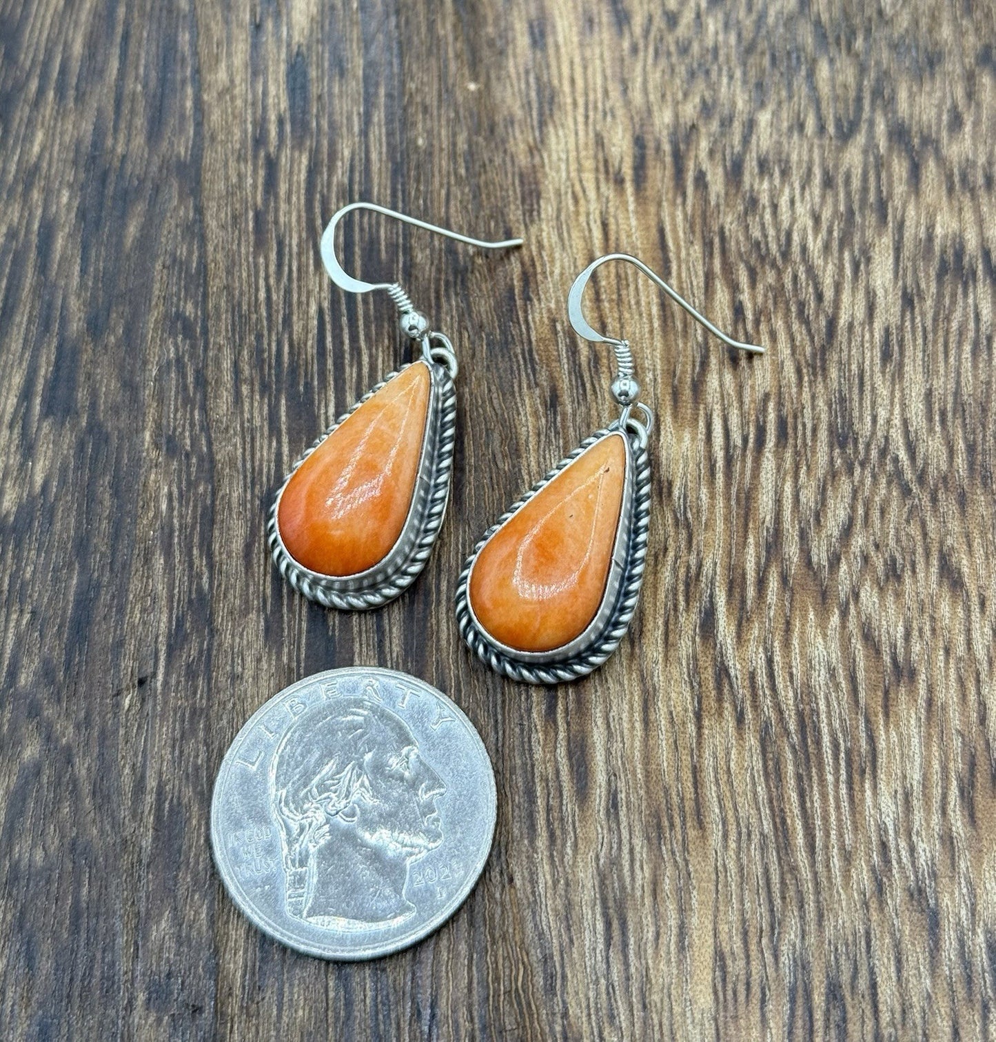 Native Navajo Handmade Sterling Silver Orange Spiny Oyster Shell Dangle Earrings