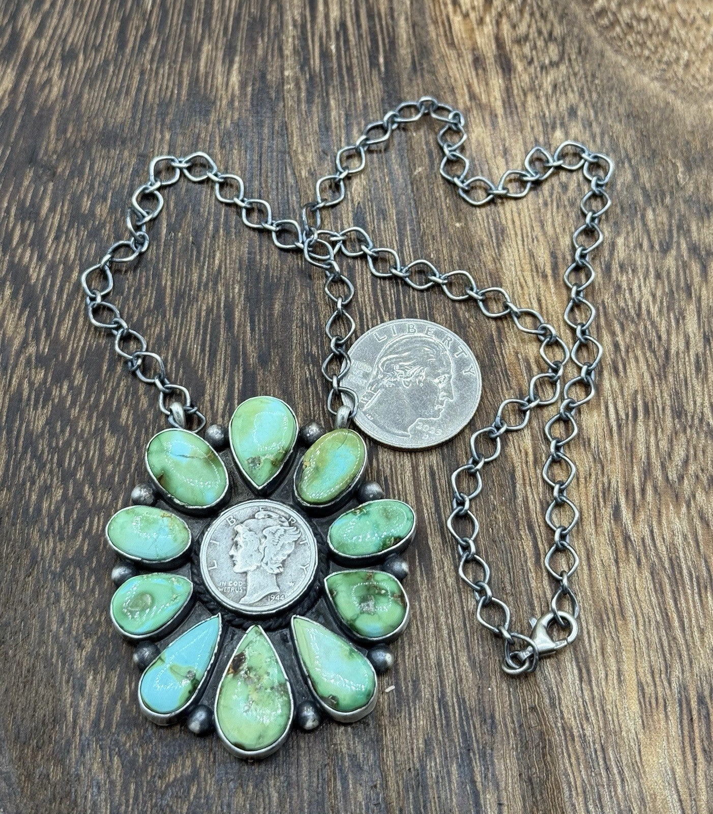 Navajo Handmade Silver Sonoran Gold Turquoise Liberty Coin Cluster Necklace 18”