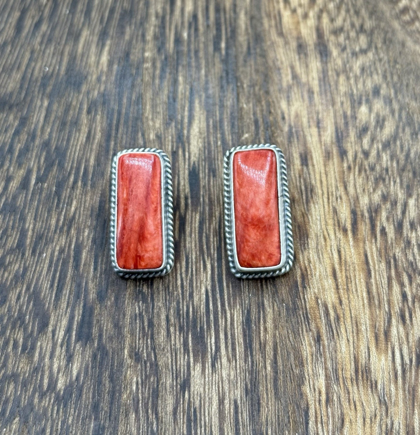 Native Navajo Handmade Sterling Silver Red Spiny Oyster Shell Post Stud Earrings