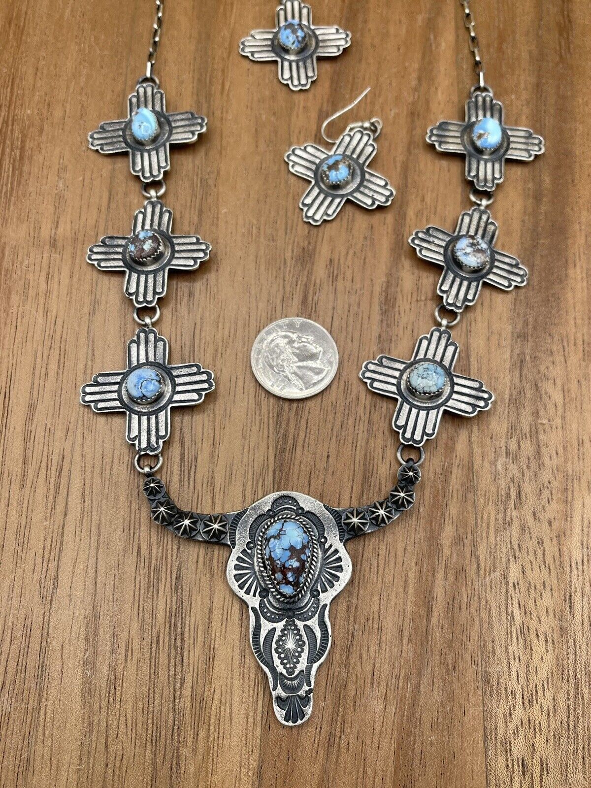 Native American Navajo Handmade Sterling Silver Turquoise Longhorn Zia Necklace