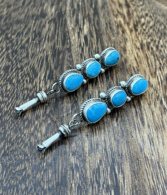 Navajo Handmade Sterling Silver Kingman Turquoise Blossom Post Dangle Earrings