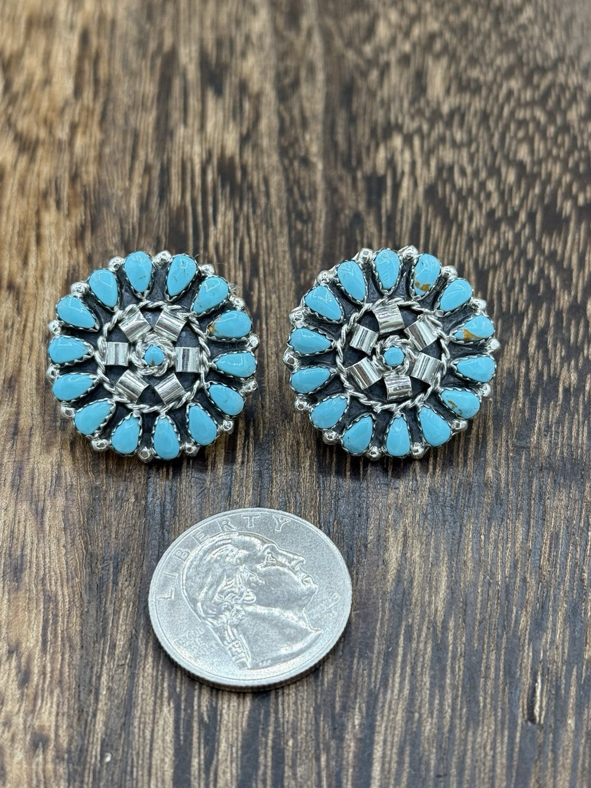 Native American Navajo Handmade Sterling Silver Turquoise Cluster Post earrings