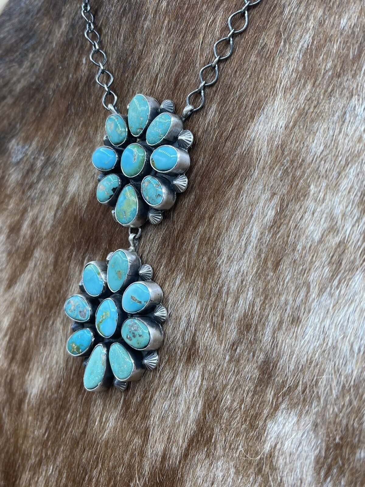 Native American Navajo Handmade Silver Kingman Turquoise Double Cluster Necklace