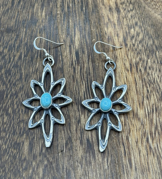 Navajo Handmade Sterling Silver Old Look Kingman Turquoise Earrings Kevin Billah