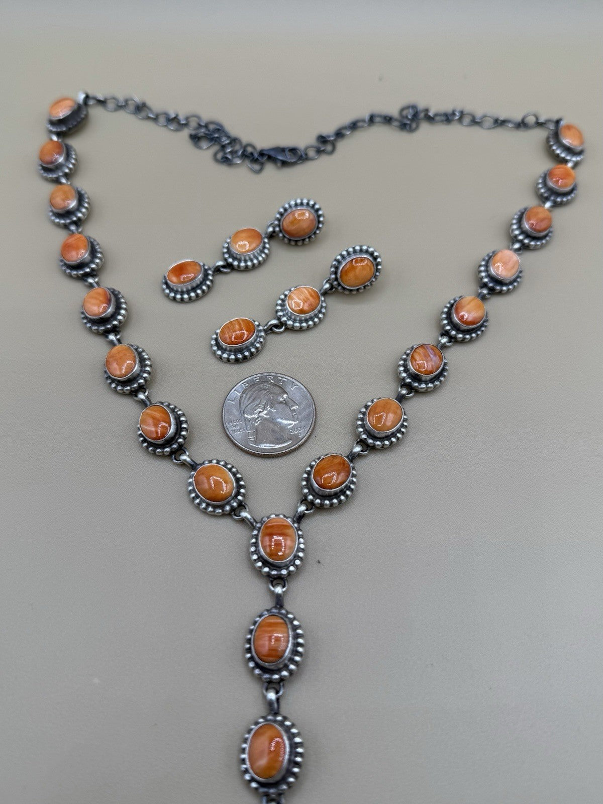 Navajo Handmade Sterling Silver Orange Spiny Oyster Lariat Dangle Necklace Long
