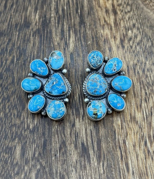 Navajo Handmade Sterling Silver Blue Ridge Turquoise Half Cluster Large Earrings