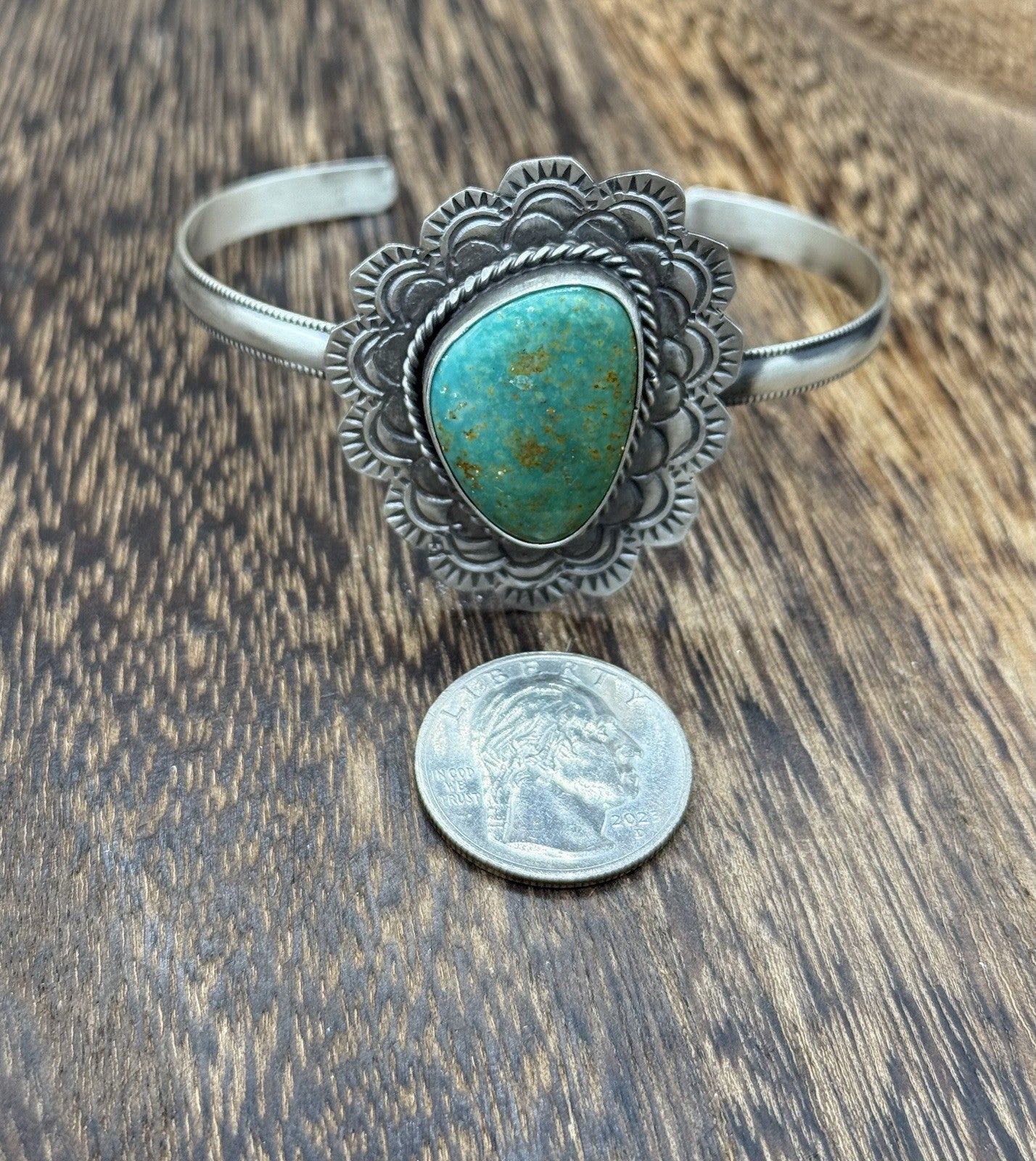 Native Navajo Handmade Sterling Silver Kingman Turquoise Cuff Stamped Bracelet