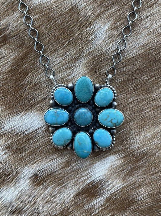 Native American Navajo Handmade Silver Turquoise Cluster Necklace 18 Inch